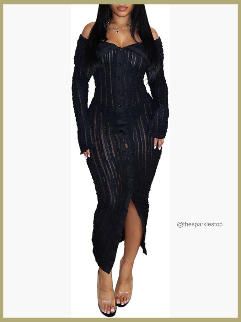 Sexy Off Shoulder Maxi Dress See Through Flare Sleeve Button Down Slit Bodycon